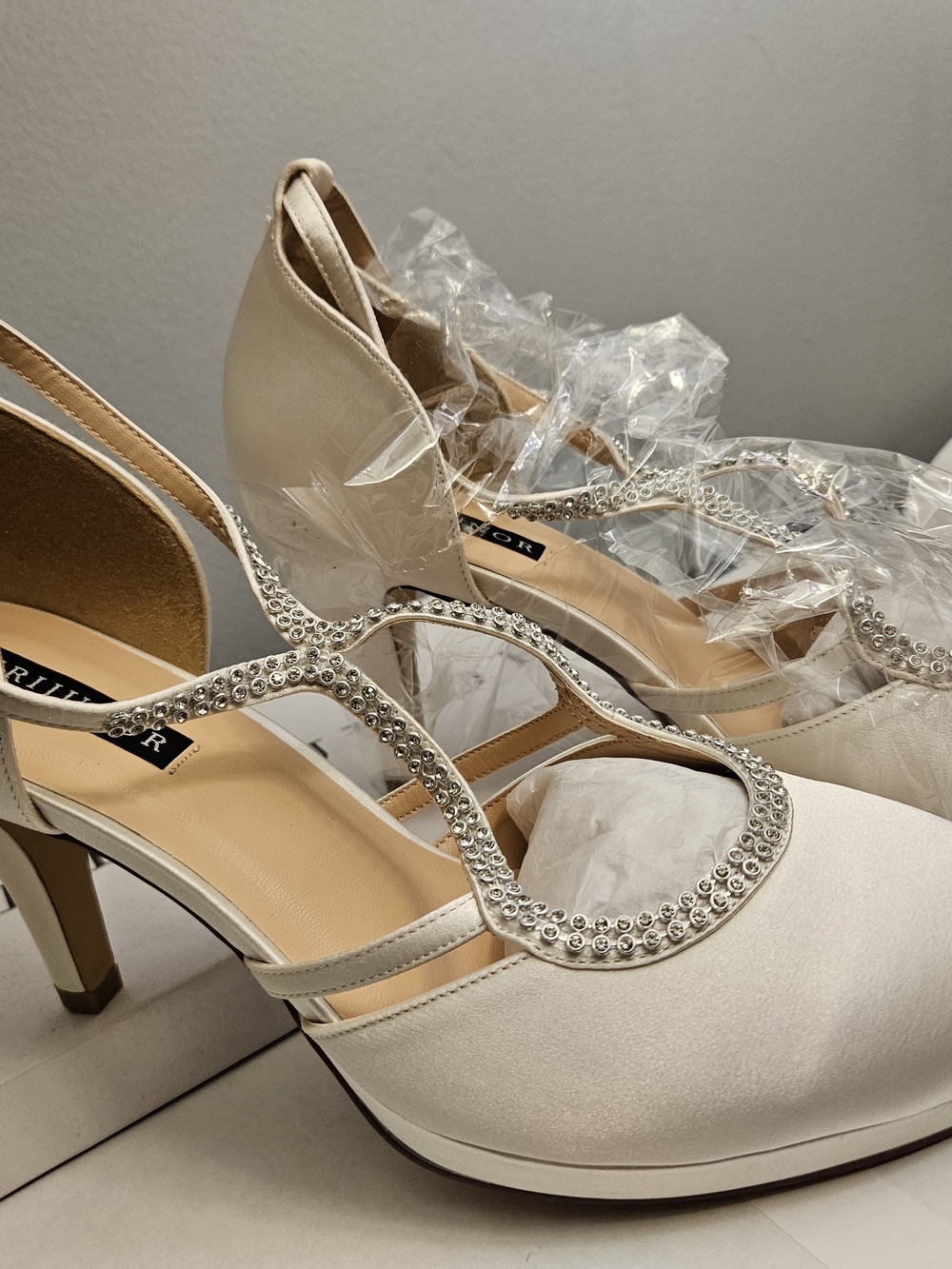 Ivory Satin T-Strap Heels with Crystal Embellishment